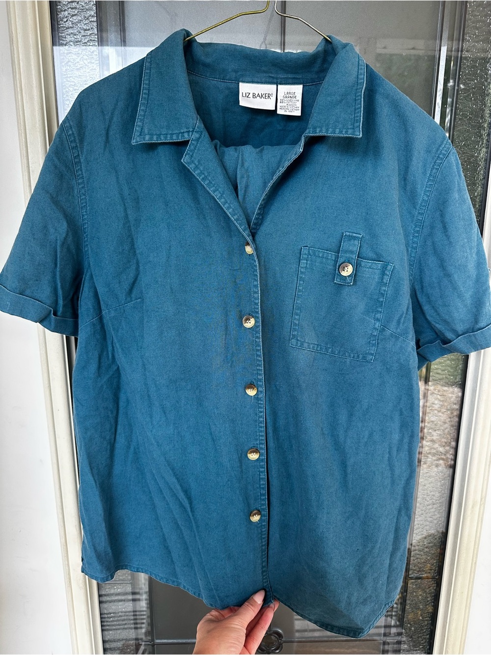 Liz Baker Teal Linen/Cotton Short-Sleeve Button-Up Shirt and pants set